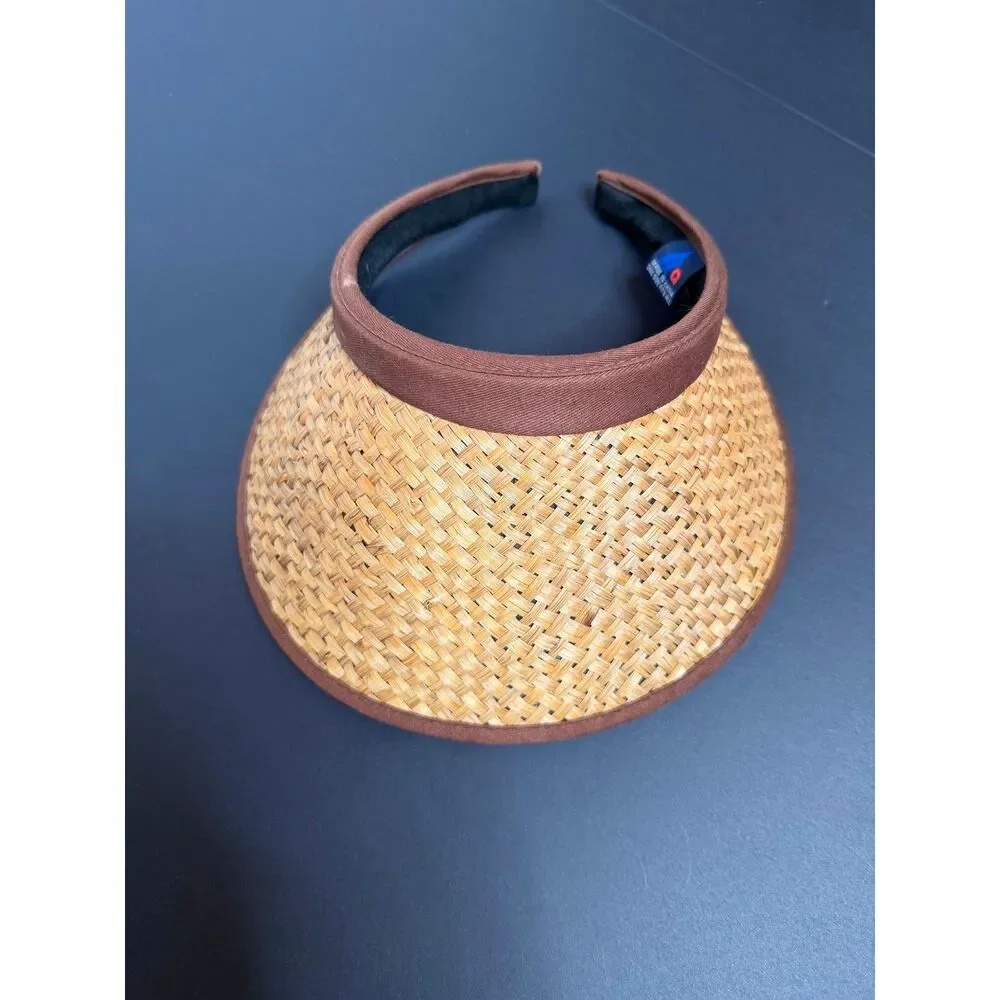 Woven Straw Sun Visor Hat Brown Trim Beach Resort Vacation Golf Tennis One size